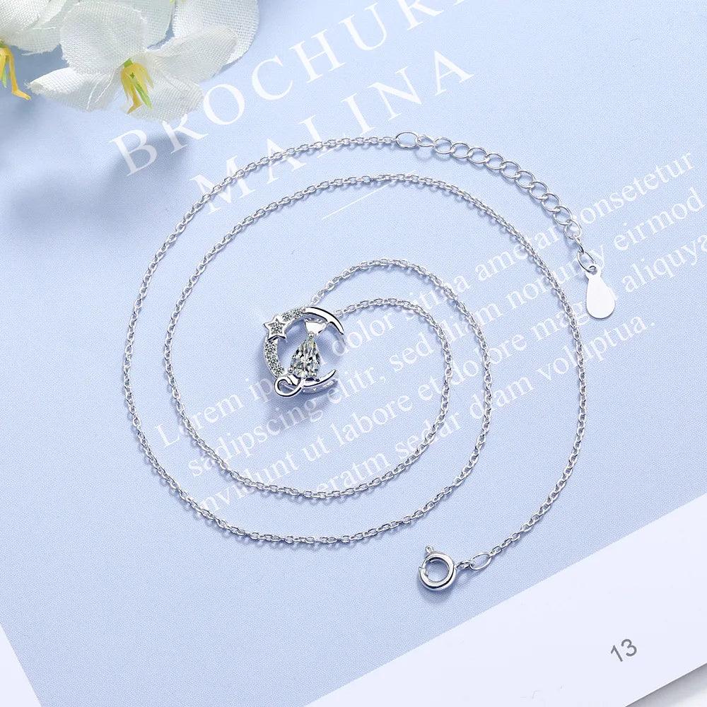 925 Sterling Silver Cat Moon Zircon Necklace for Women - Vélanoworld