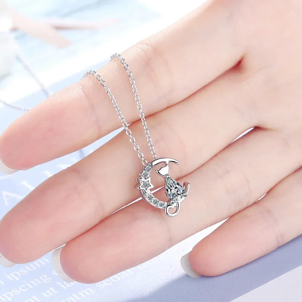 925 Sterling Silver Cat Moon Zircon Necklace for Women - Vélanoworld