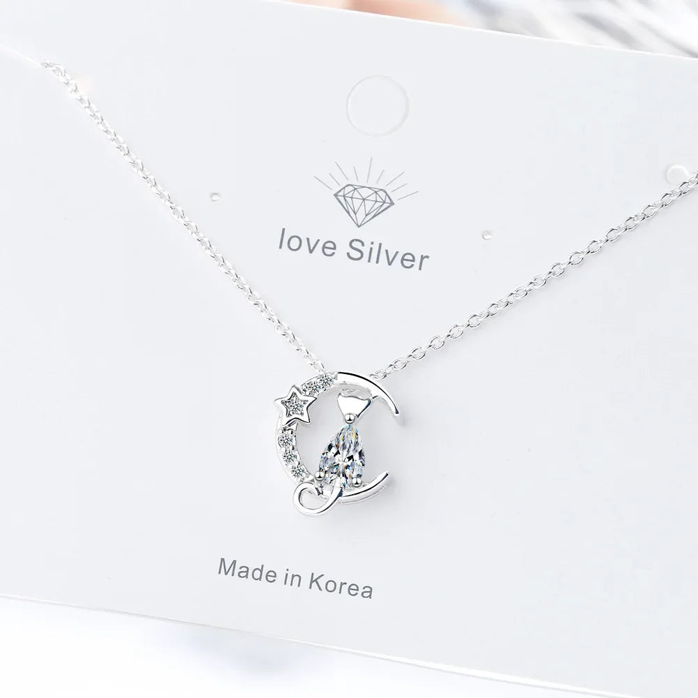 925 Sterling Silver Cat Moon Zircon Necklace for Women - Vélanoworld