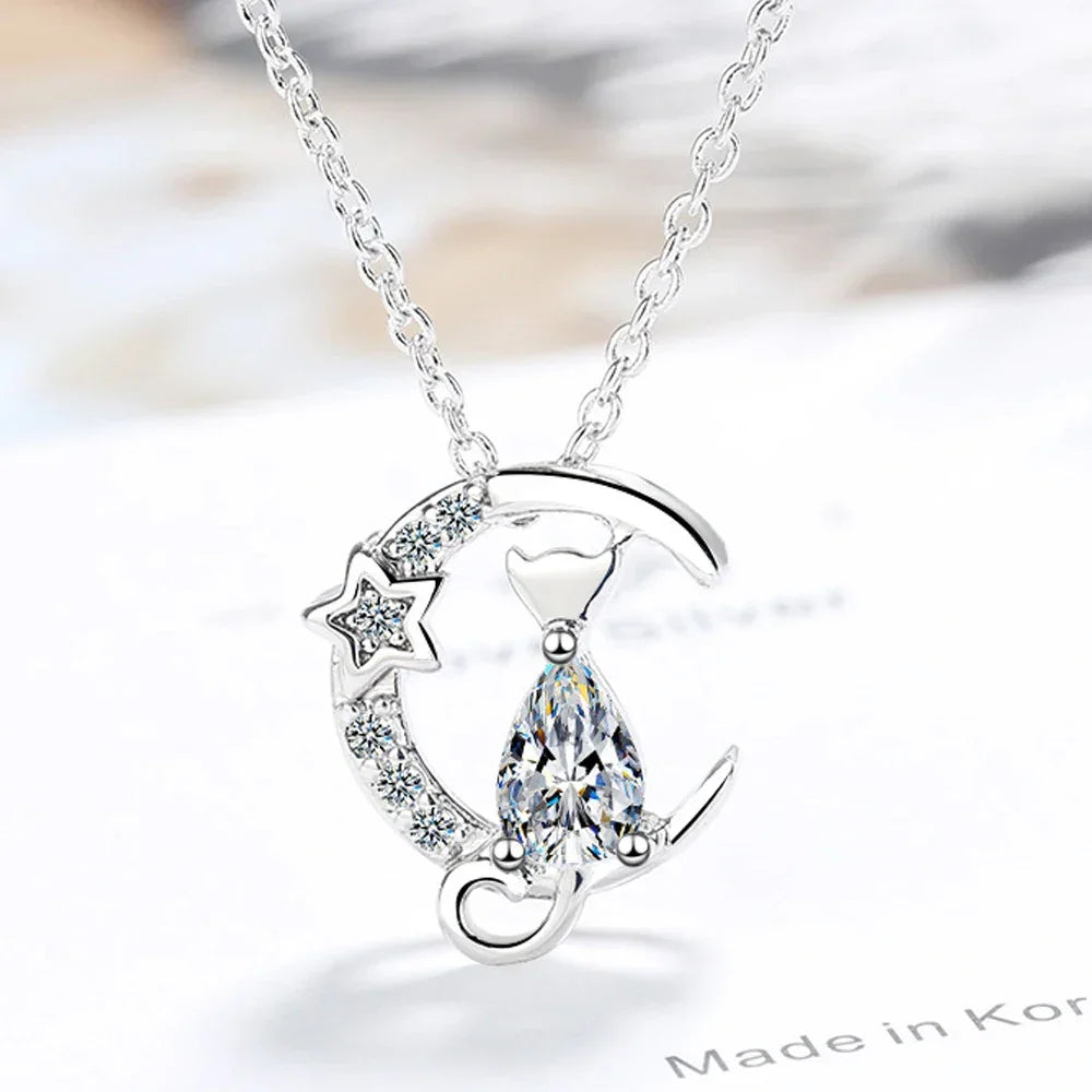 925 Sterling Silver Cat Moon Zircon Necklace for Women - Vélanoworld