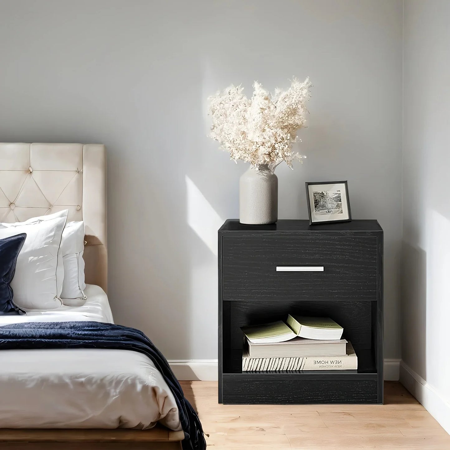 Bedside Side Table with Drawer & Open Shelf