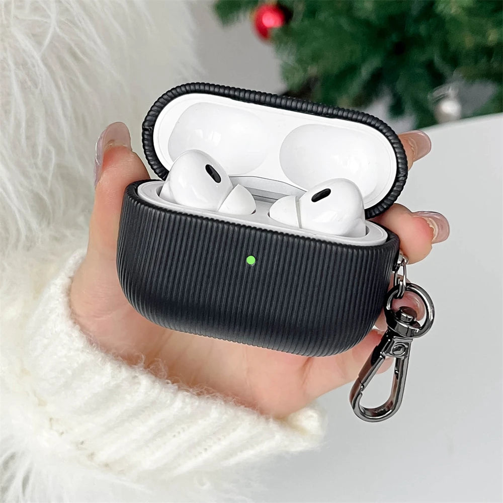 Luxury Personalised Leather AirPods Case with Keyring – Laser-Engraved Lettering & Stripe Design - Vélanoworld