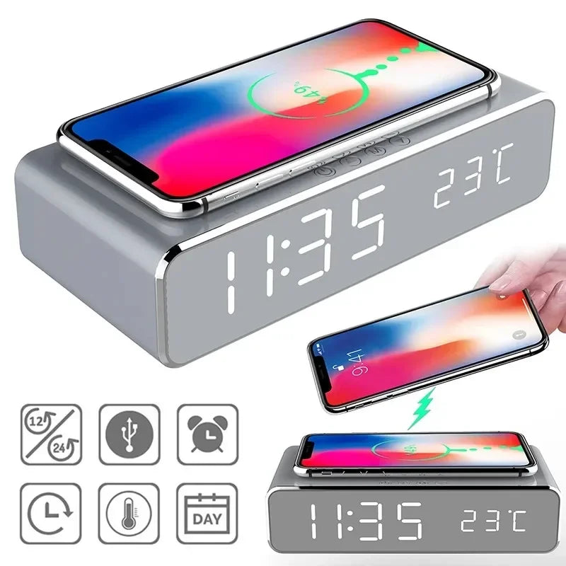 LED Wireless Charging Dock with Clock, Thermometer & Earphone Holder