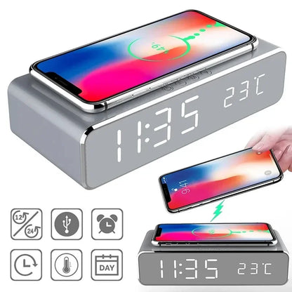 LED Wireless Charging Dock with Clock, Thermometer & Earphone Holder