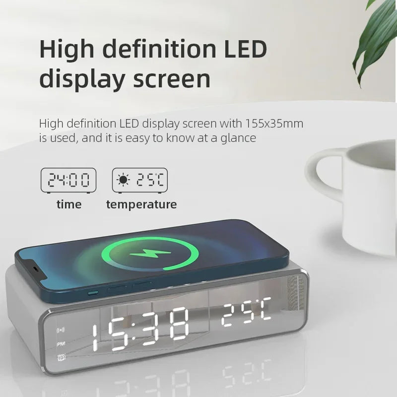 LED Wireless Charging Dock with Clock, Thermometer & Earphone Holder
