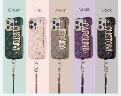 Custom Name Leather Phone Case with Lanyard Strap - Vélanoworld