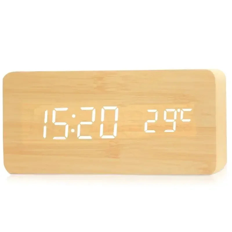 Wooden Digital LED Alarm Clock with Temperature Display & Sound Control - Vélanoworld