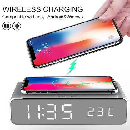 LED Wireless Charging Dock with Clock, Thermometer & Earphone Holder