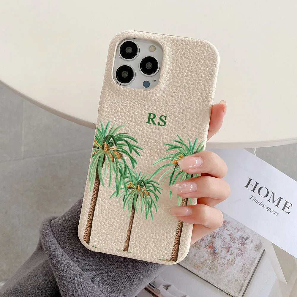 Luxury Personalised Palm Trees Pebble Grain Leather Case - Vélanoworld