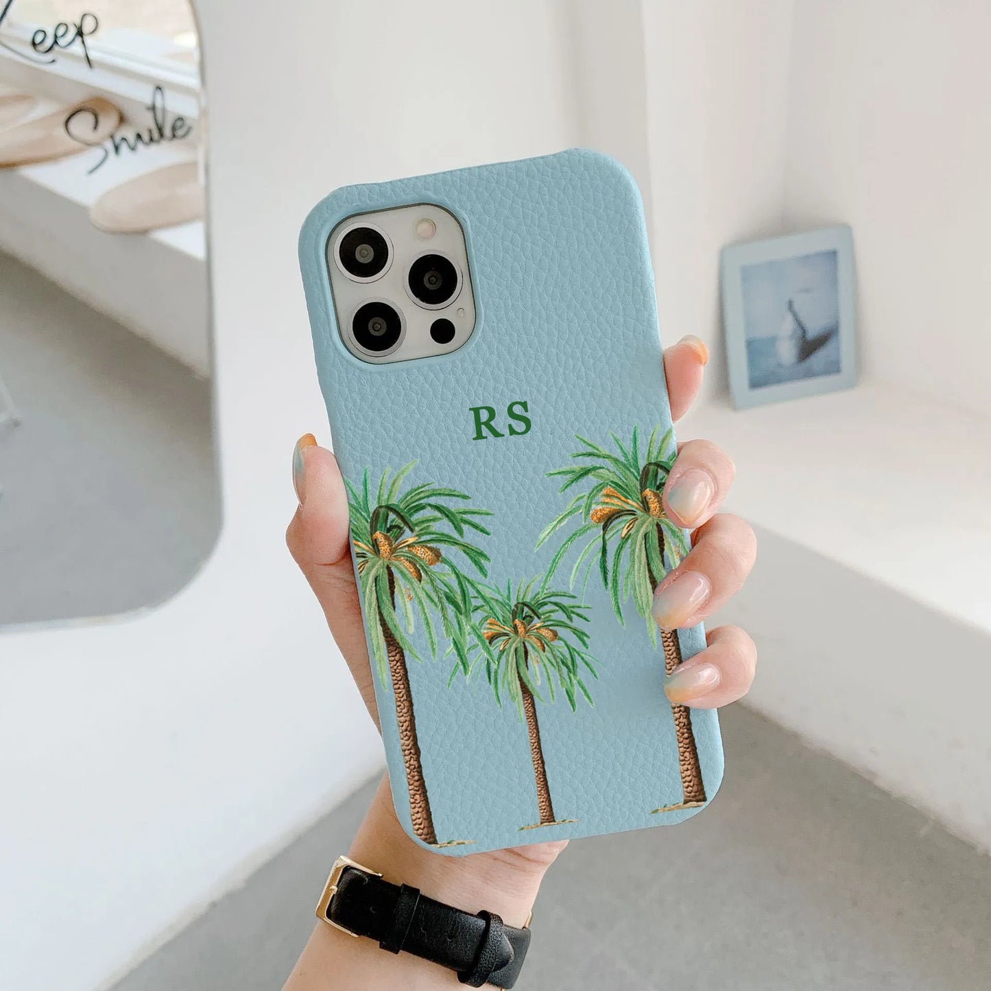 Luxury Personalised Palm Trees Pebble Grain Leather Case - Vélanoworld