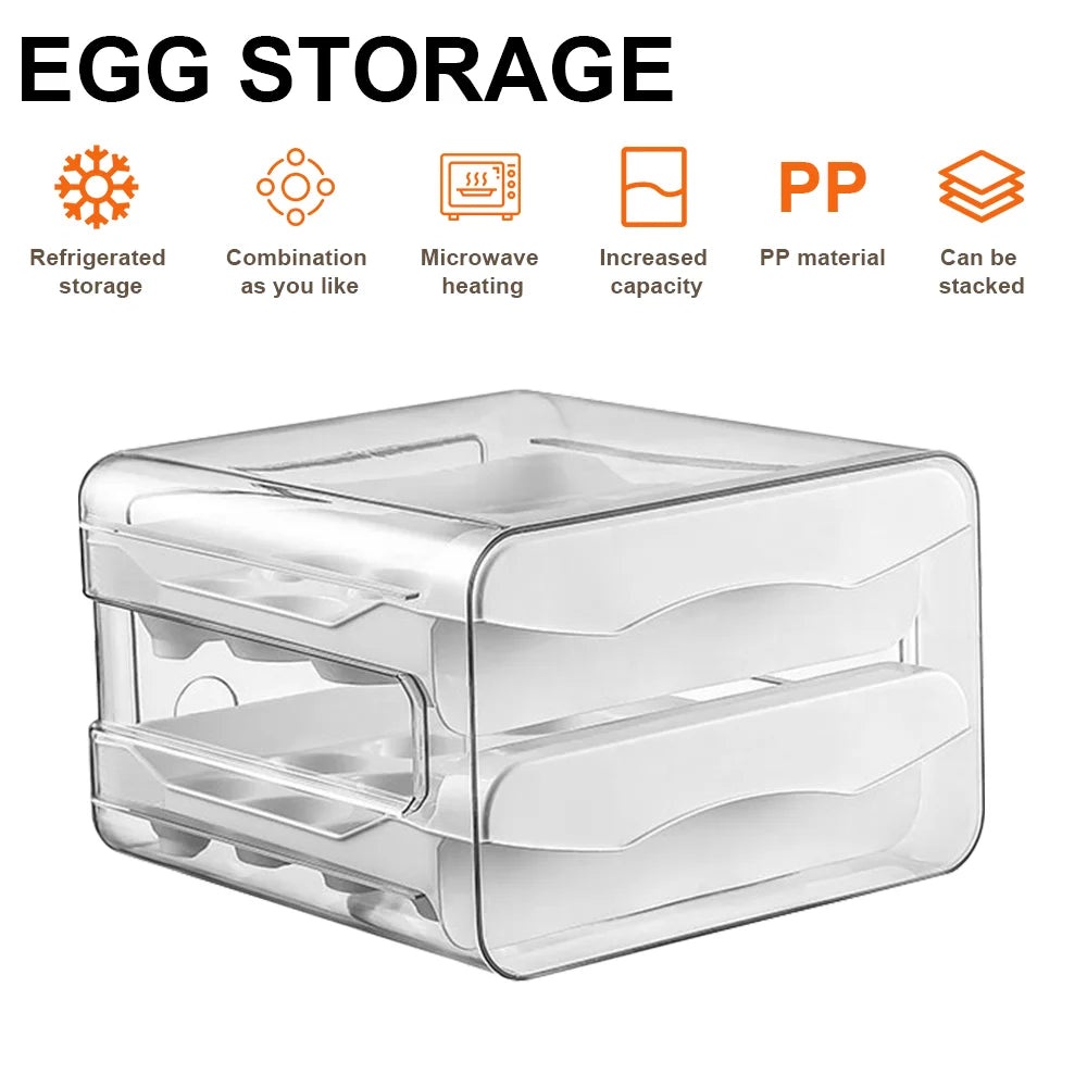 2-Layer Drawer Egg Holder Rack – 32-Grid Stacked Egg Storage Box