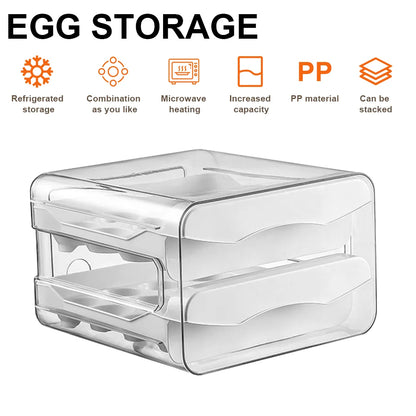 2-Layer Drawer Egg Holder Rack – 32-Grid Stacked Egg Storage Box