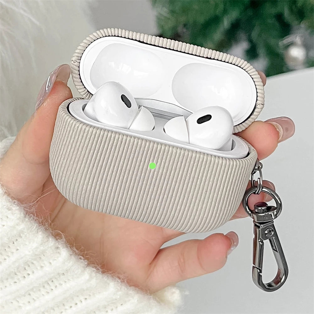 Luxury Personalised Leather AirPods Case with Keyring – Laser-Engraved Lettering & Stripe Design - Vélanoworld