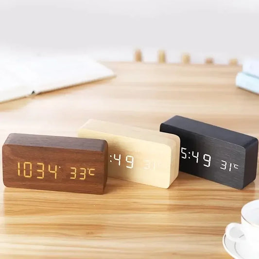 Wooden Digital LED Alarm Clock with Temperature Display & Sound Control - Vélanoworld