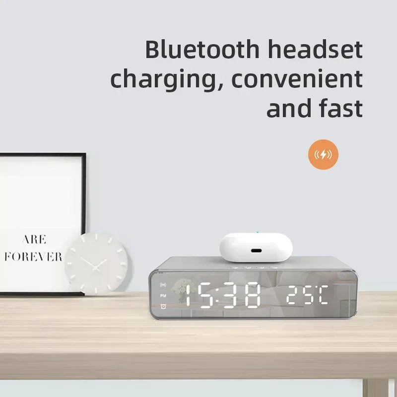 LED Wireless Charging Dock with Clock, Thermometer & Earphone Holder