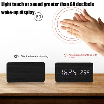 Wooden Digital LED Alarm Clock with Temperature Display & Sound Control - Vélanoworld