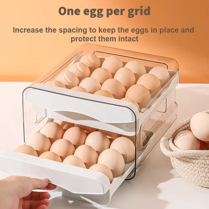 2-Layer Drawer Egg Holder Rack – 32-Grid Stacked Egg Storage Box