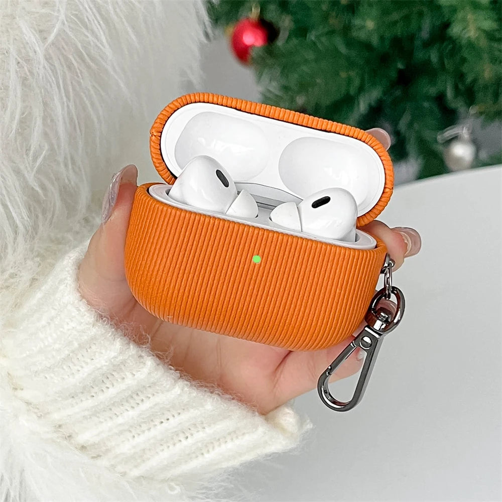 Luxury Personalised Leather AirPods Case with Keyring – Laser-Engraved Lettering & Stripe Design - Vélanoworld