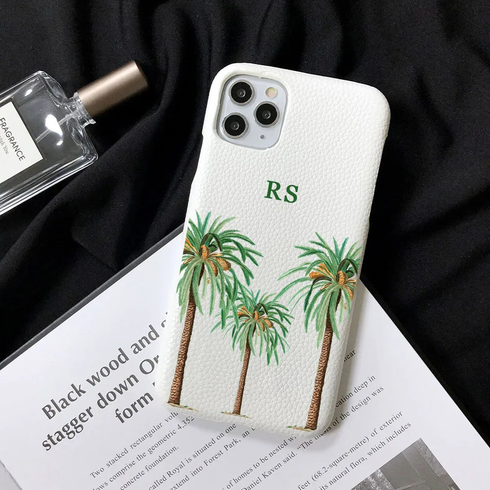 Luxury Personalised Palm Trees Pebble Grain Leather Case - Vélanoworld