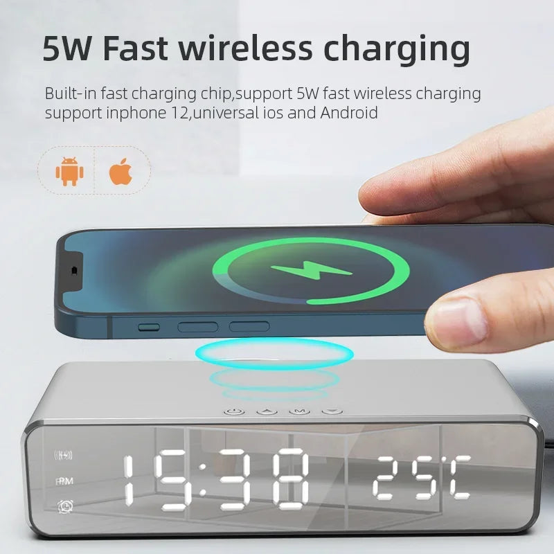 LED Wireless Charging Dock with Clock, Thermometer & Earphone Holder
