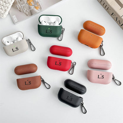 Luxury Personalised Leather AirPods Case with Keyring – Laser-Engraved Lettering & Stripe Design - Vélanoworld