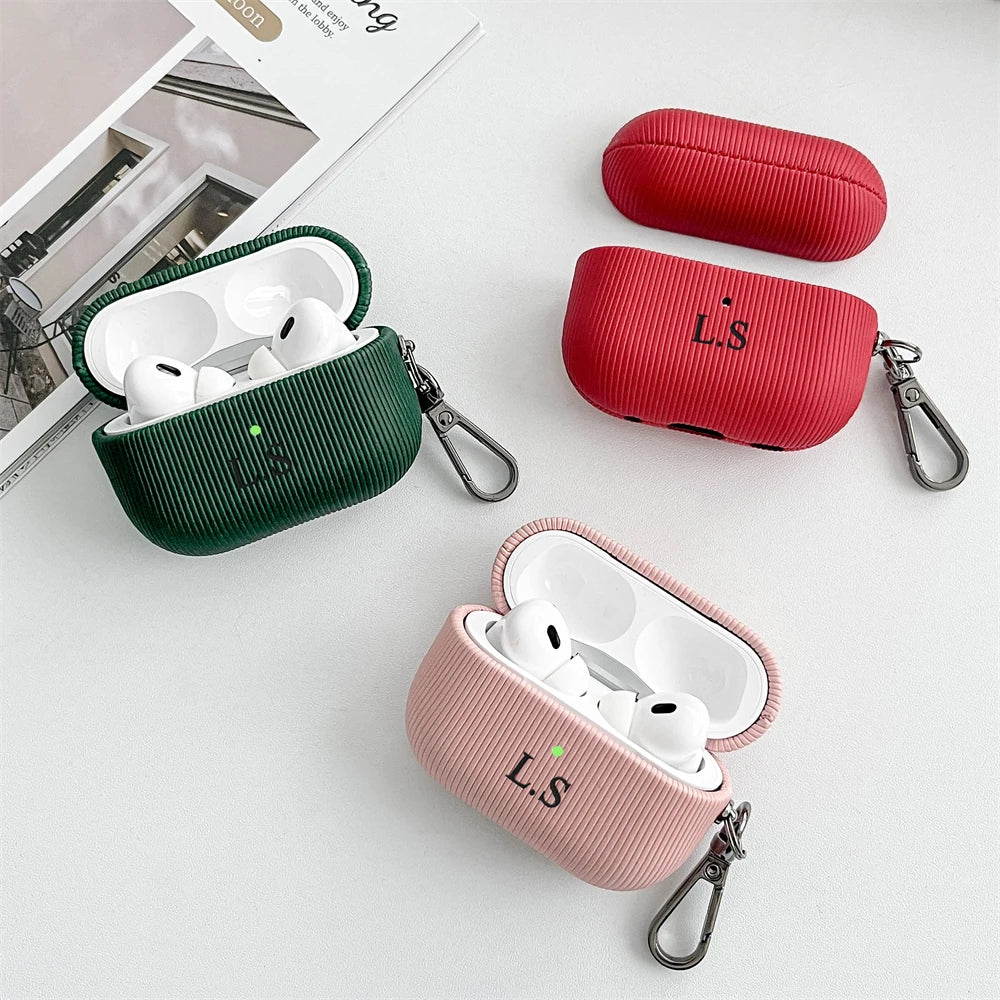 Luxury Personalised Leather AirPods Case with Keyring – Laser-Engraved Lettering & Stripe Design - Vélanoworld