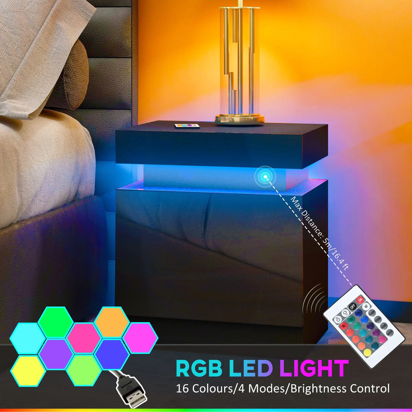 Modern LED Bedside Table with 2 Drawers