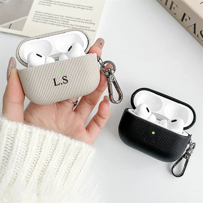 Luxury Personalised Leather AirPods Case with Keyring – Laser-Engraved Lettering & Stripe Design - Vélanoworld