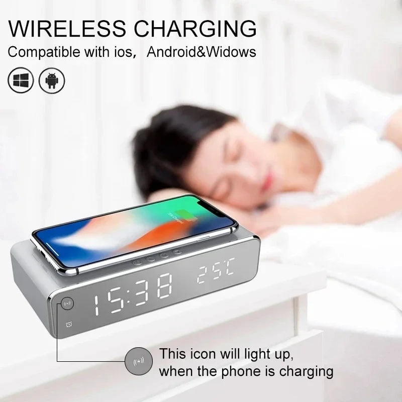 LED Wireless Charging Dock with Clock, Thermometer & Earphone Holder