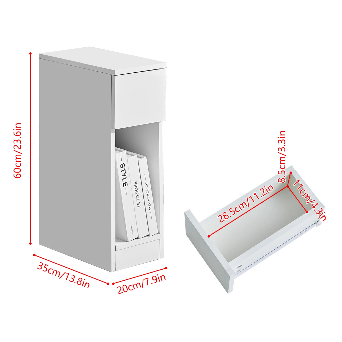 Slim Tall Bedside Table Cabinet with Drawer & Storage Shelf