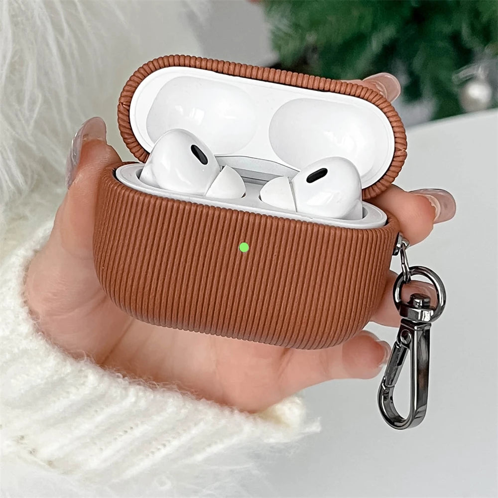 Luxury Personalised Leather AirPods Case with Keyring – Laser-Engraved Lettering & Stripe Design - Vélanoworld