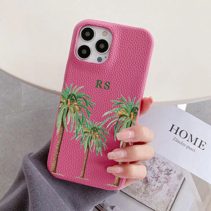 Luxury Personalised Palm Trees Pebble Grain Leather Case - Vélanoworld