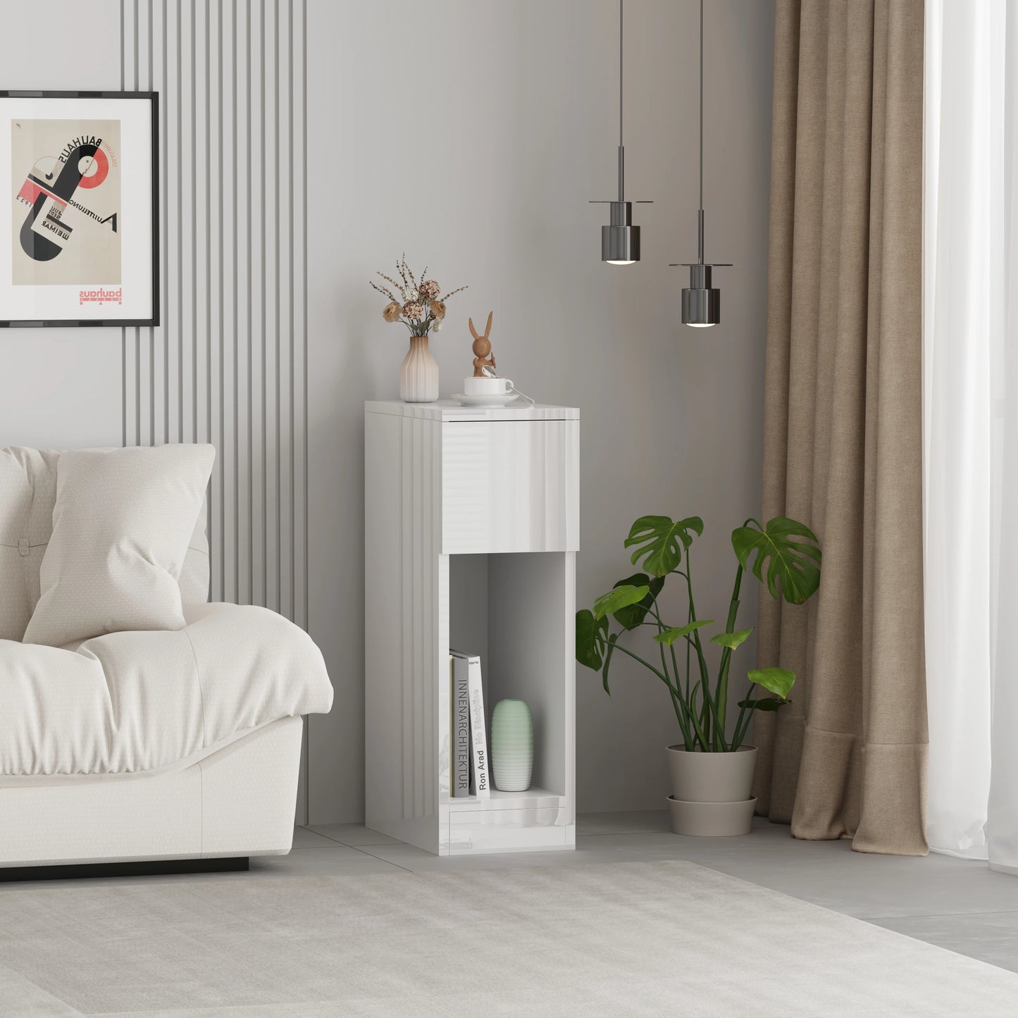 Slim Tall Bedside Table Cabinet with Drawer & Storage Shelf