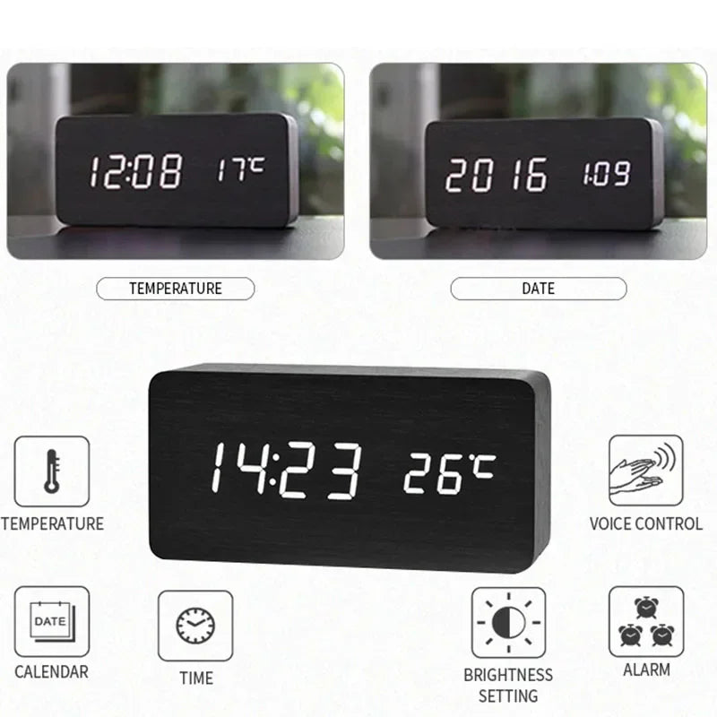 Wooden Digital LED Alarm Clock with Temperature Display & Sound Control - Vélanoworld