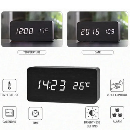 Wooden Digital LED Alarm Clock with Temperature Display & Sound Control - Vélanoworld