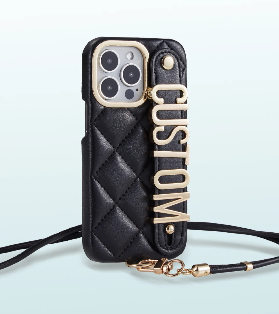 Custom Name Leather Phone Case with Lanyard Strap - Vélanoworld