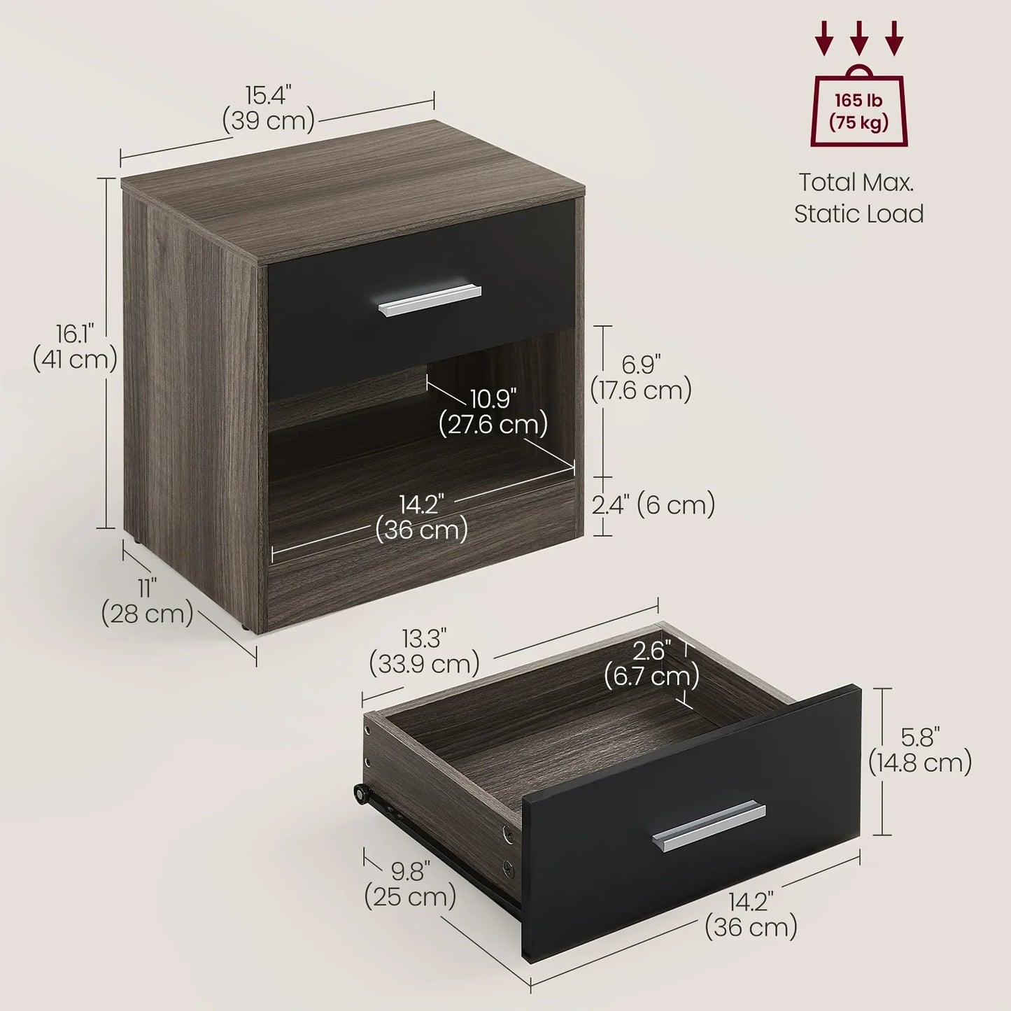 Bedside Side Table with Drawer & Open Shelf