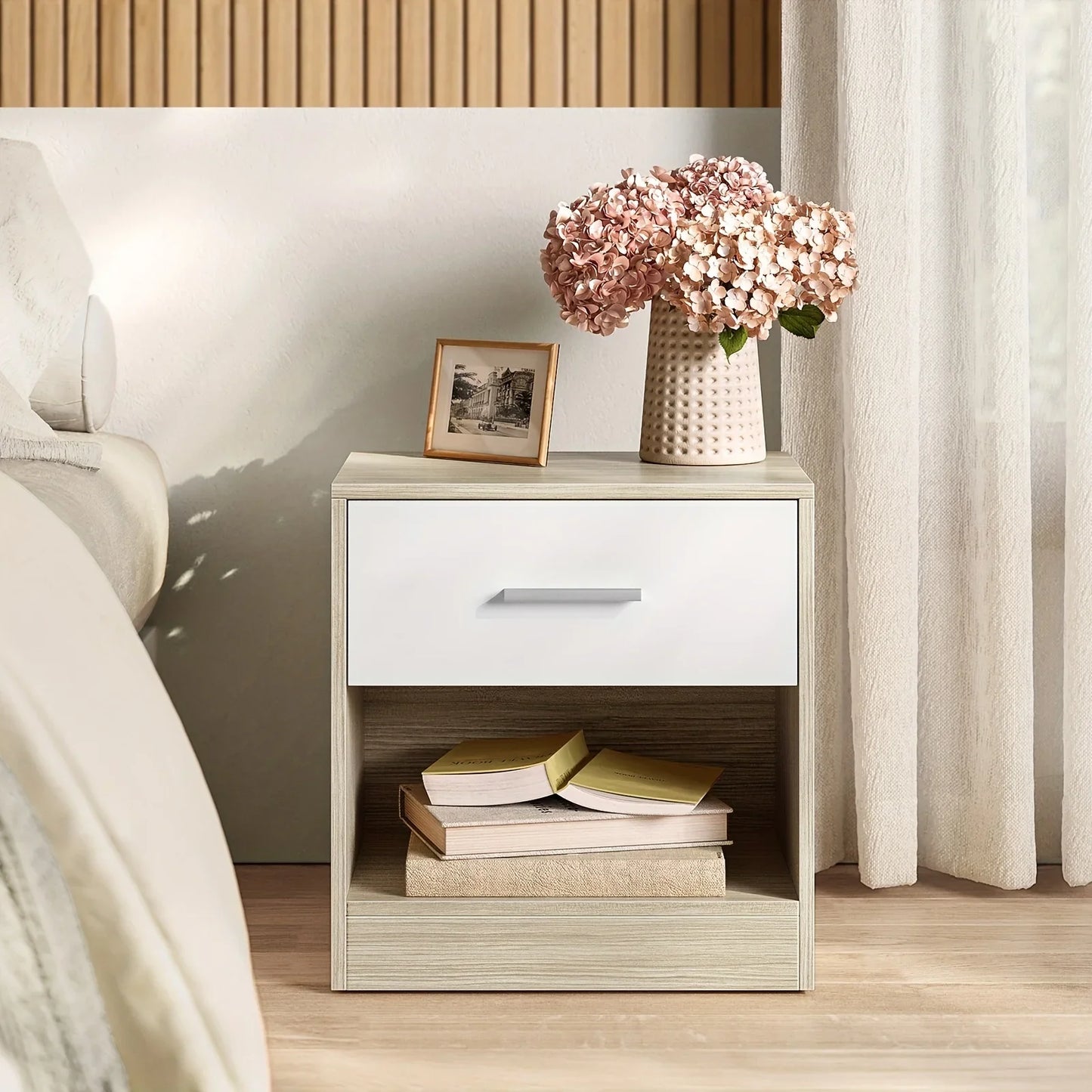 Bedside Side Table with Drawer & Open Shelf