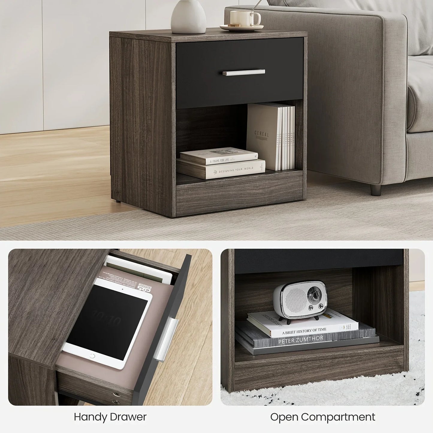 Bedside Side Table with Drawer & Open Shelf